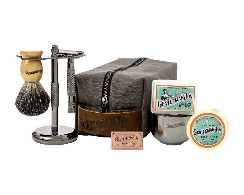Gentleman Jon Deluxe Vintage Wet Shave Grooming Set for Men - Safety Razor, Brush, Alum Block, Soap, Bowl, Blades, Stand & Dopp Kit