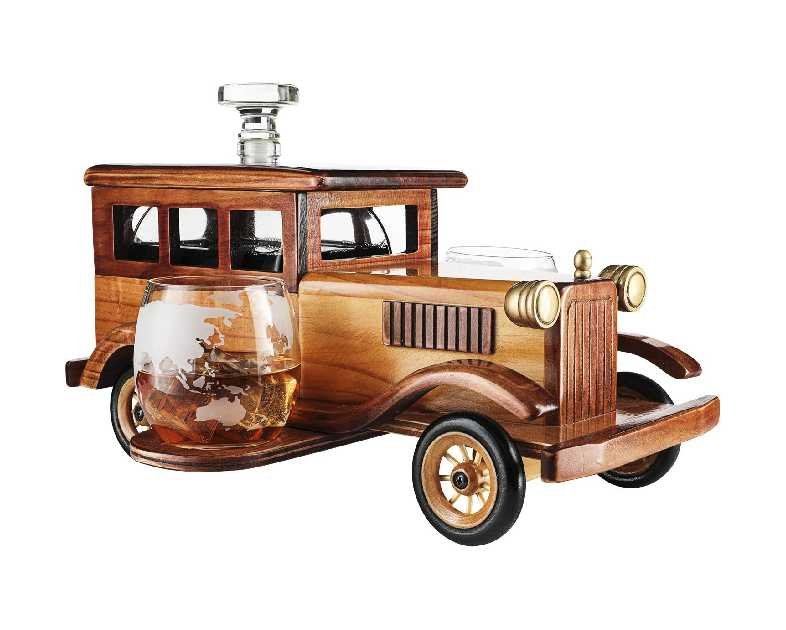Old Fashioned Car Whiskey Decanter Set, Very Large 15" x 13" x 7" 750ml Decanter Spigot, and 2-10oz Whiskey Tumbler Old Fashion Glasses, Old Fashioned Vintage Car, Limited Edition, Great Bar Gift!