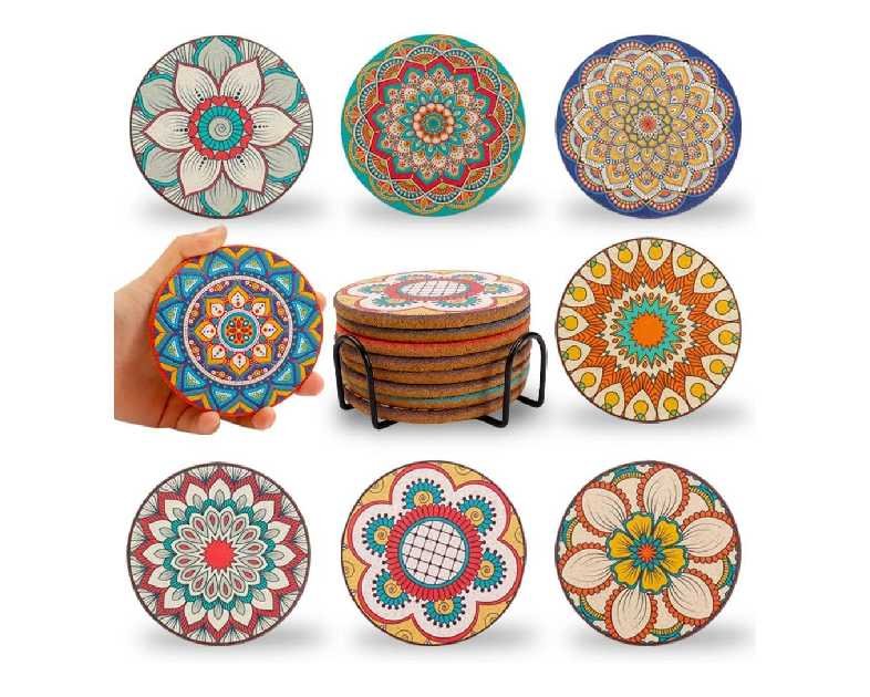 Coasters Set of 8,Cork Coasters for Drinks,Colorful Coaster with Holder,Cute Coaster for Coffee Table,Boho Decor for Apartment Home Bar,Graceice Gifts for Women Christmas Gift for Friends