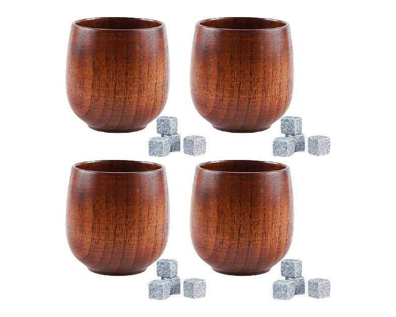 4 Pcs Wooden Whiskey Glasses 16 Pcs Whiskey Stones, Bourbon Glass Gifts for Men, Old Fashioned Bourbon Tasting Glasses – Groomsmen Gifts, Dad’s Birthday & Retirement Gift for Men