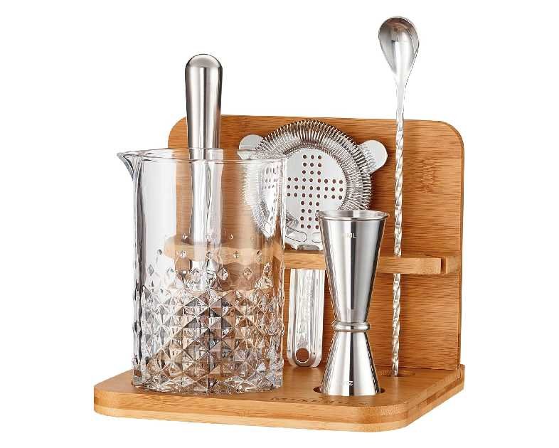 Crystal Cocktail Mixing Glass Set with Bamboo Stand - 22 Oz 650ml - Thick and Sturdy Bottom, Durable and Seamless Design with Bar Accessories Gift Set