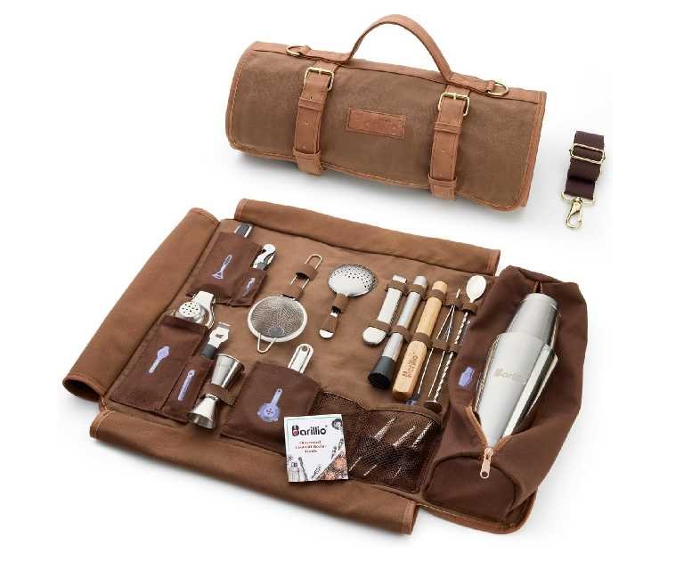 Barillio Bartender Kit Bag with Cocktail Shaker Set - Waxed Canvas, Traveling Bar Tools Bag with 17-Pc Cocktail Kit - Travel Mixology Bartending Kits - Mobile Bar Roll with Strap & Accessories
