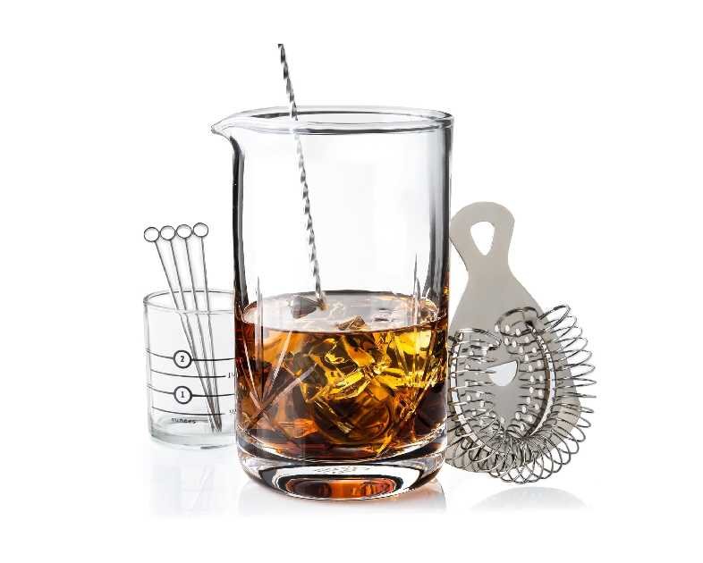 Cork & Mill Cocktail Mixing Glass, Old Fashioned Kit, Large 24 oz Crystal Cocktail Mixer for Bartenders, 9-Piece Home Bar Accessories Set for Manhattans and Other Whiskey Drinks
