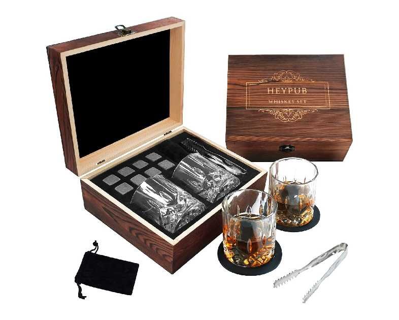 Whiskey Stones Gift Set,Whiskey Glasses Set 8 Granite Chilling Whisky Rocks, 2 Bourbon Glasses,Best Drinking Gifts for Men Dad Husband Birthday Anniversary Present，Plus 2 Free Coasters.