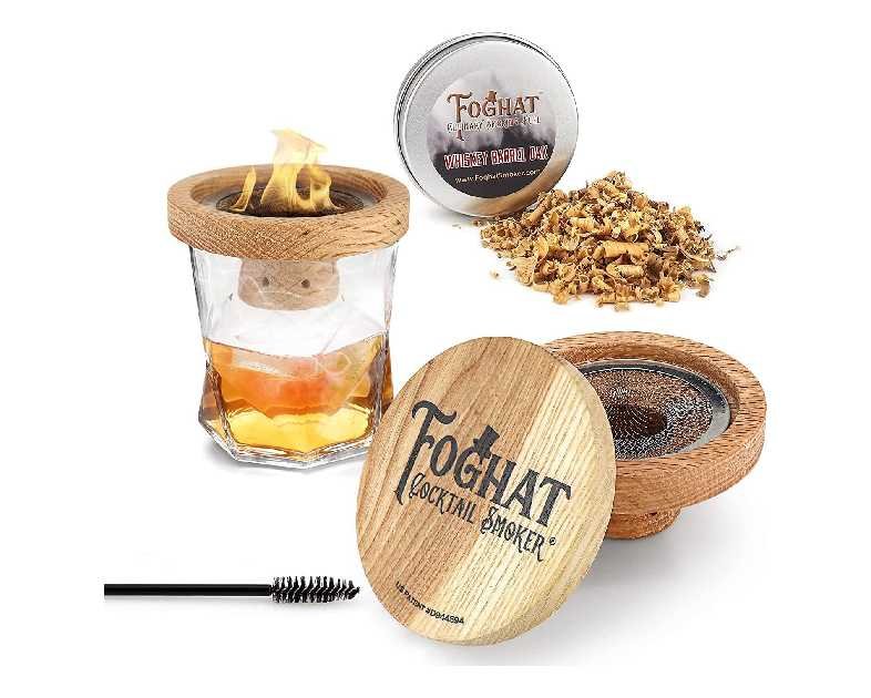 THOUSAND OAKS BARREL Foghat Cocktail Smoker W/ Bourbon Barrel Wood Shavings-Infuse Cocktails, Wine, Whiskey, Cheese, Meats, Dried Fruits, Salt and More!-Smoking Glass Cloche Accessories