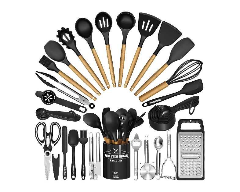 Kitchen Utensils Set- 34PCS Silicone Cooking Utensils with Holder, Umite Chef Heat Resistant Kitchen Utensil Spatula Set for Nonstick Cookware, Black Wooden Handles Kitchen Gadgets Tools Set