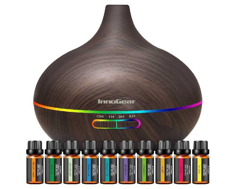 InnoGear Aromatherapy Diffuser & 10 Essential Oils Set, 400ml Diffuser Ultrasonic Diffuser Cool Mist Humidifier with 4 Timers 7 Colors Light Waterless Auto Off for Large Room Office, Dark Wood Grain