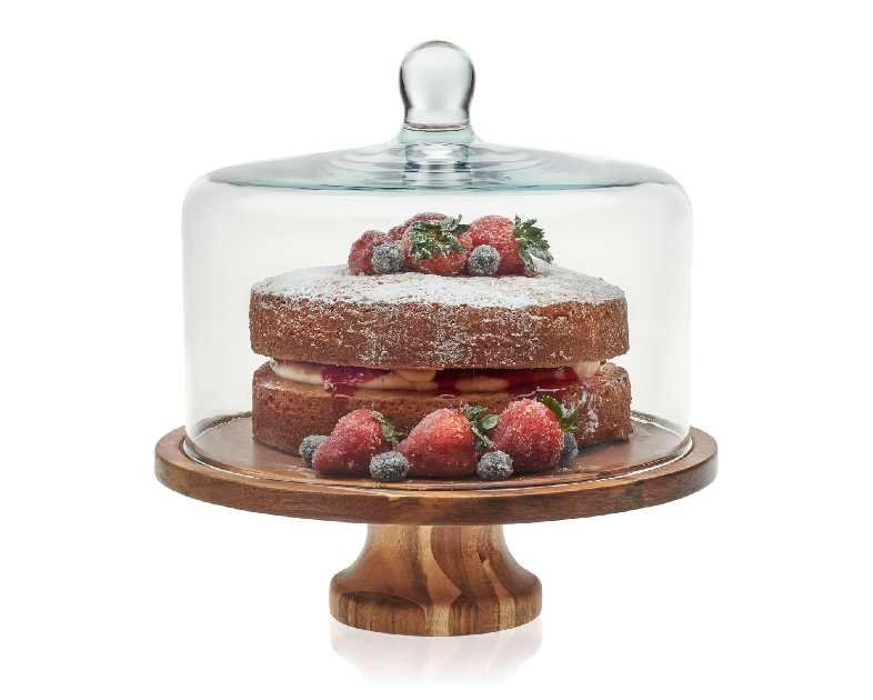 Libbey Acacia Wood Cake Stand with Lid, Footed Round Cake Container, Ball Top Handle Covered Cake Stand, Durable Glass Dome Cover