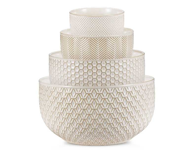 KooK Ceramic Mixing Bowls, Nesting Set of 4, Embossed Kitchen Dishware, Prep, Serving, Gift, Microwave and Dishwasher Safe, 20/44/98/145 oz, Narbonne Collection (Ivory)
