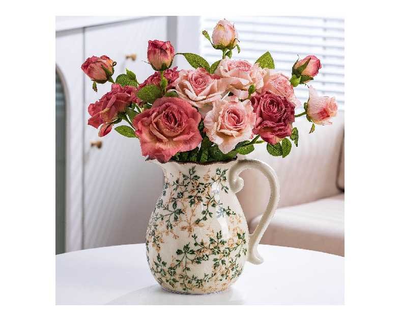 Green and White Vintage Vase with Handle, Chinoiserie Floral Pitcher Vase, Rustic Ceramic Farmhouse Vases for Home Decor, Living Room, Bookshelf, Office, Grand Millennial Decors, Tuscan Decor 7.9 Inch