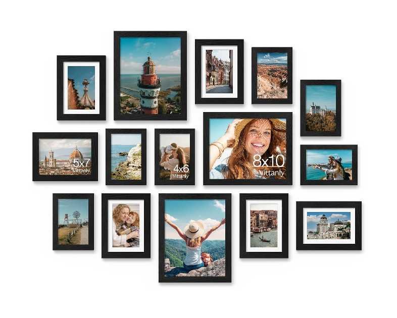 Vittanly 15 Pack Picture Frames Collage Wall Decor for Mounting or Tabletop Display, Gallery Frame Set for Family, Multi Sizes Including 3pcs 8x10, 6pcs 5x7, 6pcs 4x6, Black