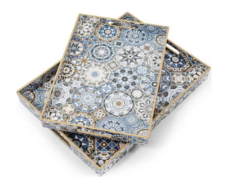 2 Pcs Serving Tray with Handles Bohemian Decorative Tray Large Ottoman Trays for Living Room Blue Coffee Table Trays for Breakfast