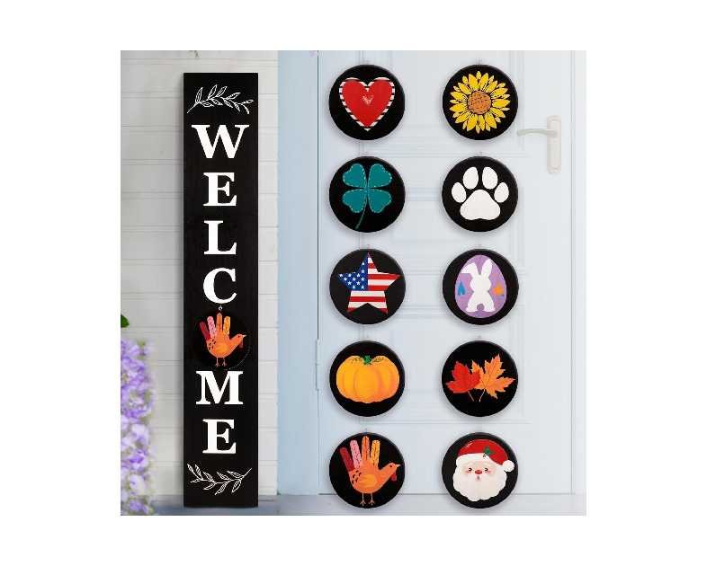 Perfnique Welcome sign for front porch standing, 47 x 7.9 Inch Wooden Leaner Sign with 10 Interchangeable Designed Icons, Seasonal Decor for Spring Easter Fall Christmas(Black)