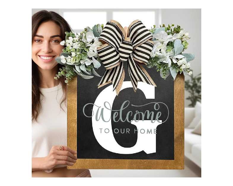 16” Personalized Welcome Sign for Front Door, Last Name Wreaths for Front Door, 26 Initial Front Door Decor, Year Round Wreath, Pine Wooden Home Decor, Housewarming Gifts, (G)