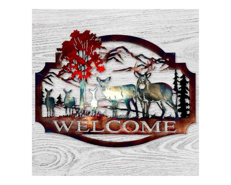 Gudui Metal Deer Wall Decor Welcome Forest Mountain Rustic Cabin Wall Decor Wildlife Hunting for Lodge Patio, Colorful Metal Deer Wall Art Decoration Outdoor, 11.8 X 9 Inch