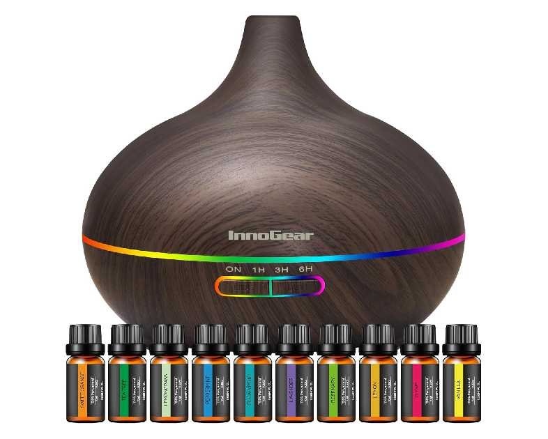 InnoGear Aromatherapy Diffuser & 10 Essential Oils Set, 400ml Diffuser Ultrasonic Diffuser Cool Mist Humidifier with 4 Timers 7 Colors Light Waterless Auto Off for Large Room Office, Dark Wood Grain