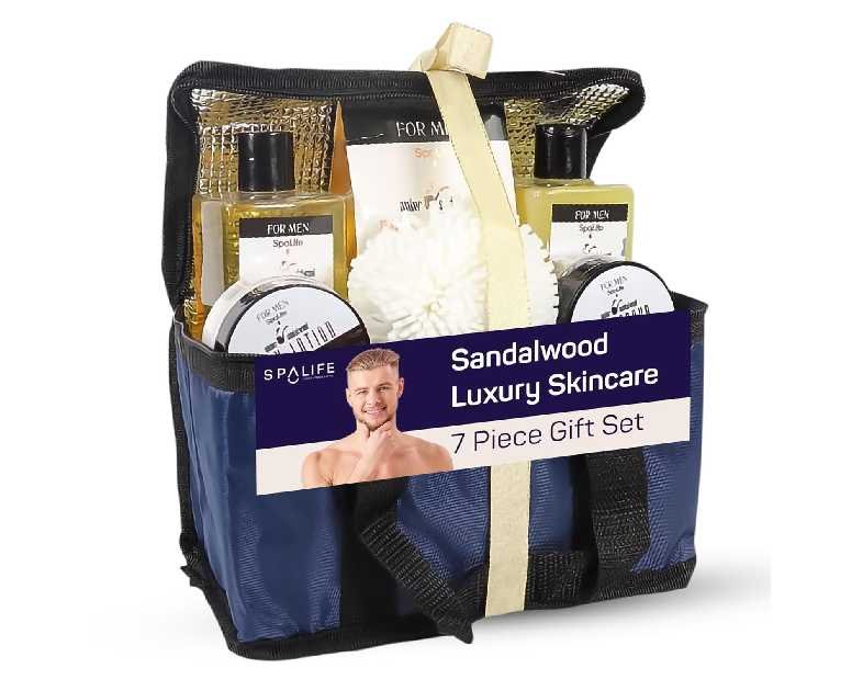 SpaLife Luxury Spa Skincare Sandalwood Gift Set for Men | Mens Body Wash Gifts | Mens Gift Set for Bath and Body | Christmas Gifts for Men | Cleansing, Moisturizing, Exfoliating | 7-Piece Bundle