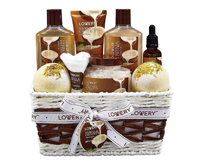 Gifts For Women Gift Basket for Women– 9 Piece Christmas Gifts Set of Vanilla Coconut Home Spa Set, Includes Fragrant Lotions, Extra Large Bath Bombs, Coconut Oil, Luxurious Holiday Bath & Body Sets