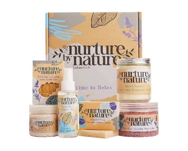 Nurture by Nature RELAX & CALM Spa Kit - Birthday Gifts for Women - Spa Gift Baskets For Women, 6-in-1 Self Care Kit, Bath Sets Gift - Lavender Pillow Mist, Bath Salts, Body Scrub, Bath Bomb