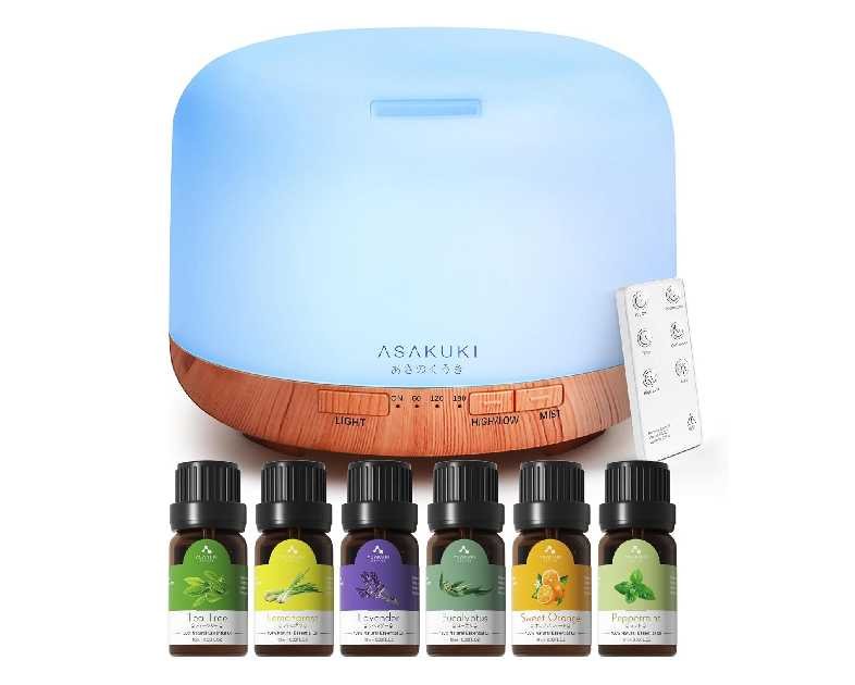 ASAKUKI Oil Diffuser with Essential Oils Set, 500ml Aromatherapy Humidifier with 14 LED Colors & Auto Shut-Off - 6 Oil Gift Pack(Lavender Eucalyptus Tea Tree Orange Peppermint Lemongrass)