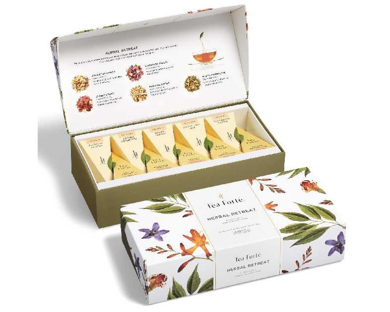 Tea Forte Herbal Retreat Organic Caffeine Free Premium Herbal Tea Petite Presentation Box Tea Gift Set Sampler, 10 Handcrafted Pyramid Tea Bag Infusers