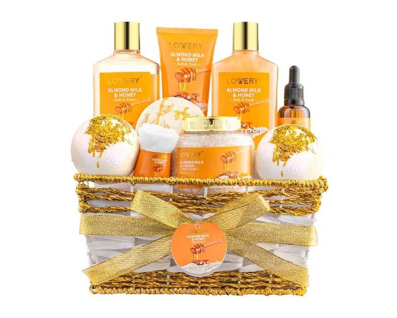 Christmas Gifts for Women Gift Basket for Women - 10 Pc Almond Milk & Honey Beauty & Personal Care Set - Home Bath Pampering Package for Relaxing - Spa Self Care Kit - Birthday, Mom, Anniversary Gift