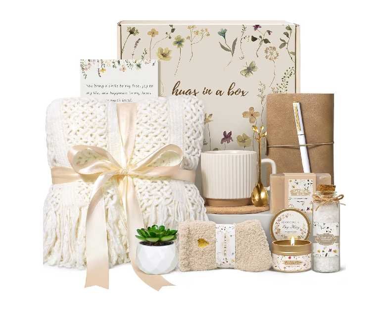 Birthday Gifts for Women, Get Well Soon Self Care Package Box, Sending Hug Baskets Thinking of You Inspirational Gift for New Mom Best Friend Birthday (Ivory)