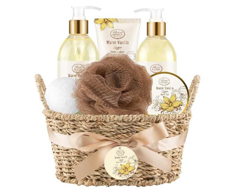 Bath and Body Warm Vanilla Sugar Spa Gifts for Women, with Shower Gel, Bubble Bath, Body Lotion, Bath Bomb, Bath Salt, Spa Basket Gift Set for Women, 7pcs Set Gifts