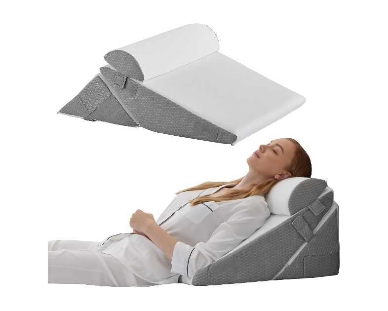 Bedluxe Wedge Pillow Headboard, 3PCS Orthopedic Bed Wedge Pillows Set for After Surgery, Adjustable Pillow Wedge for Acid Reflux&Back Pain Relief, Sleeping, Back Pillow for Bed Sitting Up, White/Grey