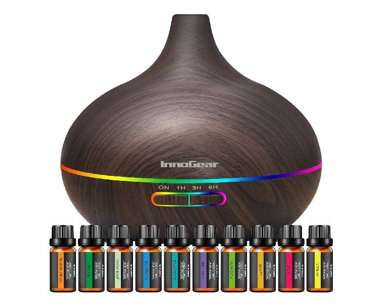 InnoGear Aromatherapy Diffuser & 10 Essential Oils Set, 400ml Diffuser Ultrasonic Diffuser Cool Mist Humidifier with 4 Timers 7 Colors Light Waterless Auto Off for Large Room Office, Dark Wood Grain