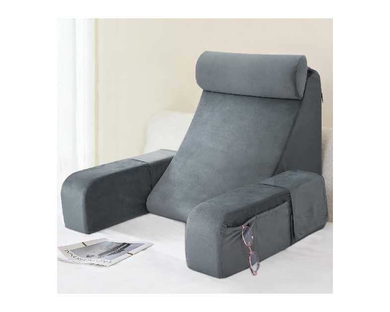 ENITYA Reading Pillow for Sitting in Bed Adult, 19" Back Support Pillow for Bed Sitting up, Backrest Cushion for Reclining,Gaming,Resting,Watching TV in Couch or Floor, Wedge with Arms, Medium(Grey)