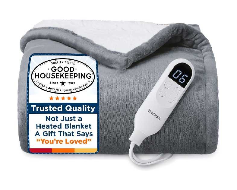 Bedsure Heated Blanket Throw Blanket - Fast Heating Electric Blanket, Soft Flannel Heated Throw with 4 Time Settings, 6 Heating Settings, Warm Gifts for Grandma & Grandpa & Seniors (50“x60”, Grey)