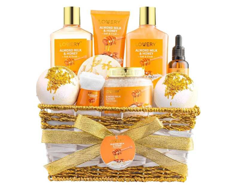 Christmas Gifts for Women Gift Basket for Women - 10 Pc Almond Milk & Honey Beauty & Personal Care Set - Home Bath Pampering Package for Relaxing - Spa Self Care Kit - Birthday, Mom, Anniversary Gift