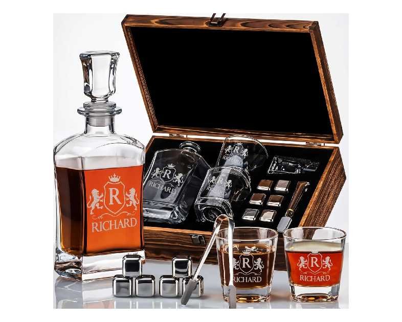 Custom Engraved Monogram Premium Whiskey Decanter Gift Set – 23 oz Liquor/Bourbon Decanter with Glasses, Whiskey Stones, Tongs & Wood Box Gift for Men, Husband, Dad, or Boyfriend