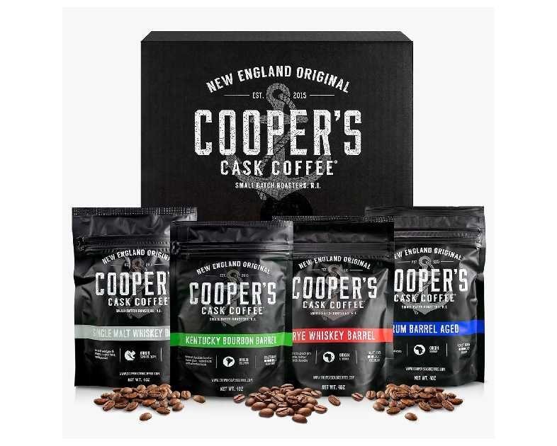 Bourbon & Whiskey Barrel Aged Coffee Box Set with Four Whole Bean Single Origin Coffees (Colombia, Sumatra, Ethiopia, Rwanda) Premium Small-Batch Gourmet Roasted Coffee Gift (Pack or 4)