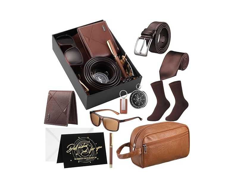 Geyoga 12 Pcs Men Birthdays Gift Set with Box for Men Dad Christmas Basket PU Leather Wallet Leather Toiletry Bag Tie Socks Belt Keychain Sunglasses Pen Compass Set