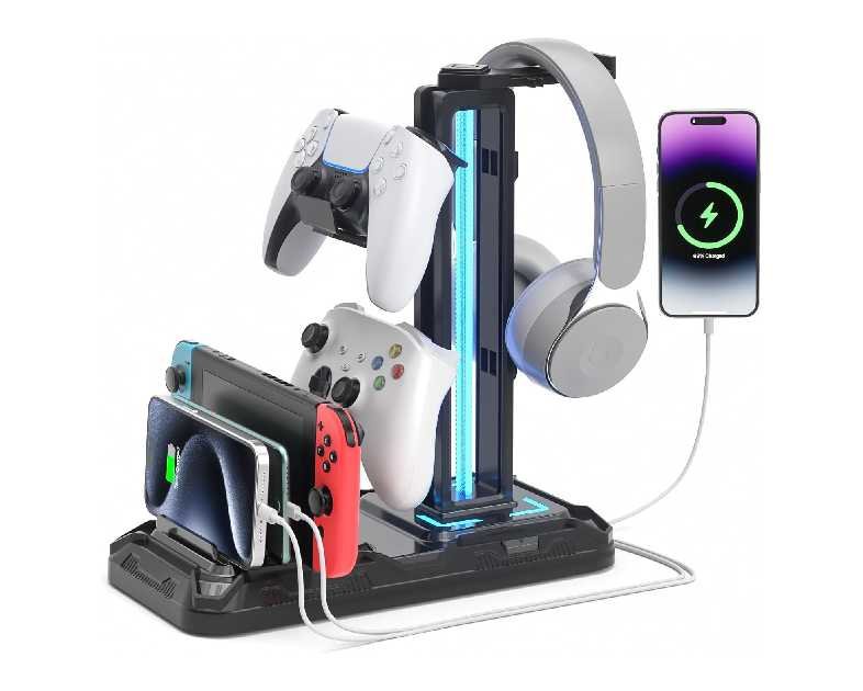 KDD Headset Stand with Charging Station - Detachable Controller Holder with 9 Light Modes - Rotatable Headphone Hanger with USB A&C Charger Ports - Earphone Hook for PC Gaming Accessories Storage