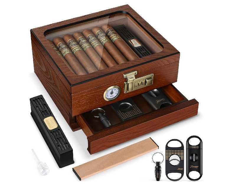 Cigar Humidor, Cedar Wood Humidor Cigar Box, Glass Top Desktop Humidor with Front Hygrometer, Humidifier, Divider, Accessories Drawer and Combination Lock, Cigar Gifts for Men (Brown)