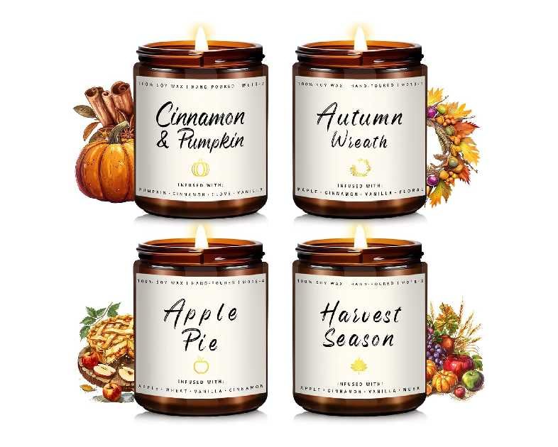 Auelife Fall Candle Set | 4 Pack Scented Candles for Home - Candle Gifts for Women Men, Soy Candles Home Scented | Autumn Fragrance of - Apple Pie/Cinnamon/Harvest/Wreath
