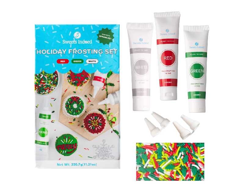 Sweets Indeed Christmas Cookie Decorating Kit – 11.31 oz | 3 Frosting Tubes (Red, Green & White) + 4 Decorating Tips + 2.5 oz Holiday Sprinkles for Christmas Cookies, Cupcakes & Cakes