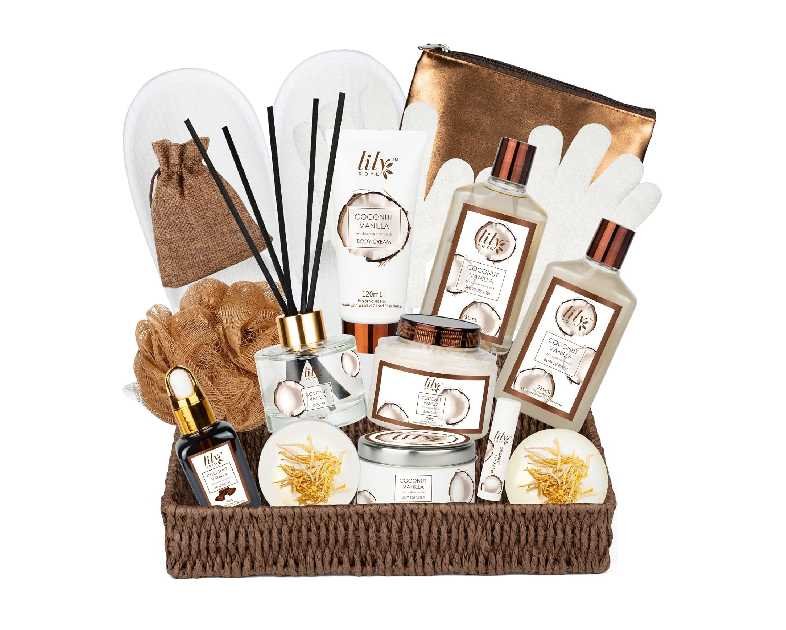 Bath and Body Gift Basket Set for Women - Coconut Vanilla Christmas Gifts for Women, Spa Gift Basket 17-Piece Bath Gift Set Self Care Gifts for Mothers Day, Fathers Day, Birthday Gifts for Her & Him