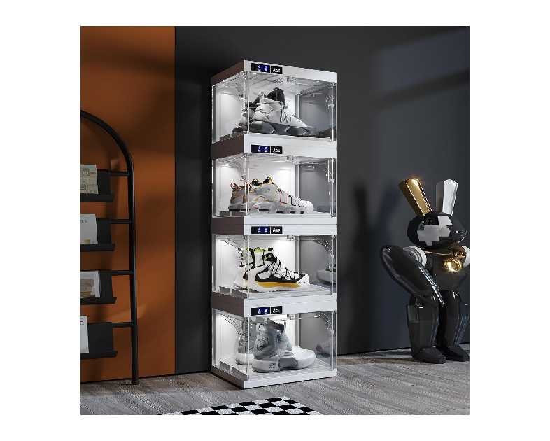 ANTBOX Shoe Organizer LED Smart Control,Auto-Shoe Boxes Clear Plastic Stackable for Sneaker Display Case and Collection Crate,Auto-Opening Shoe Storage Box (4pack) White