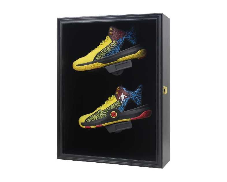 Memorabilia Sports Shoes Display Frame Case Lockable Wall Mount Wooden Cleat Sneaker Cabinet Storage Shelves Box for Football Basketball Sports Shoes Display with Anti-Fade UV Protection Acrylic Door