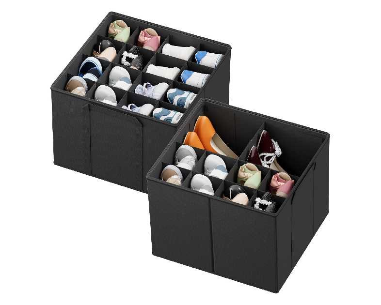 SpaceAid Shoe Organizer for Closet, 2 Pack Foldable Shoe Storage Containers Baskets Boxes Bins w/Adjustable Dividers, Fits 16-32 Pairs, Black