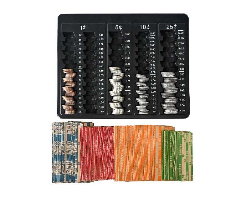 L LIKED 1PCS Black Coin Counter Tray -Change Counter Coin Counting and Sorting Tray with 150 Assort Coin Wrappers Included-5 Compartments Slots for Organization Pennies, Nickels, Dimes, and Quarters