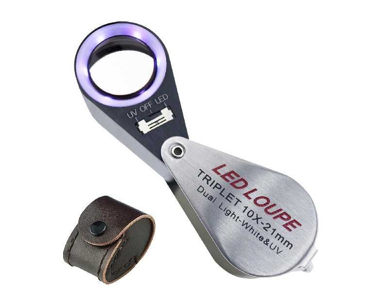 10x Foldable Pocket Magnifier Loupe with UV and LED Light for Jewelry, Rocks, Coins, and Antiques - Illuminated Magnifying Tool for Eye, Stamps, Watches, Hobbies, and Gems