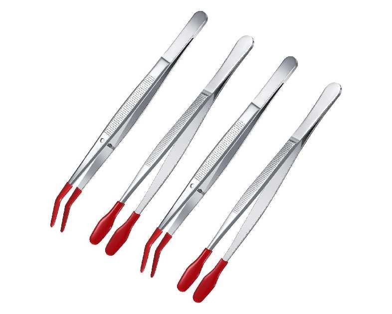 Honoson 4 Pieces Rubber Tipped Tweezers PVC Silicone Tip Tweezers Coated Flat and Bent Forceps for Lab Industrial Jewelry Craft Coin Stamp Tongs(Red)