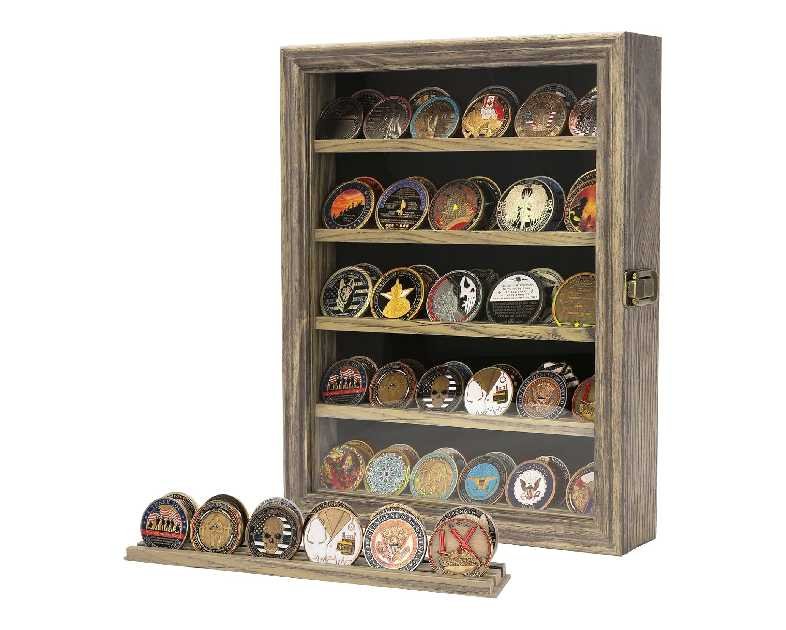 5 Rows Military Challenge Coin Display Case with HD Tempered Glass Door, Medal Display Cabinet with Removable Shelves, Poker Chip Coin Holder Shadow Box for Collectors, Rustic Wood Finish