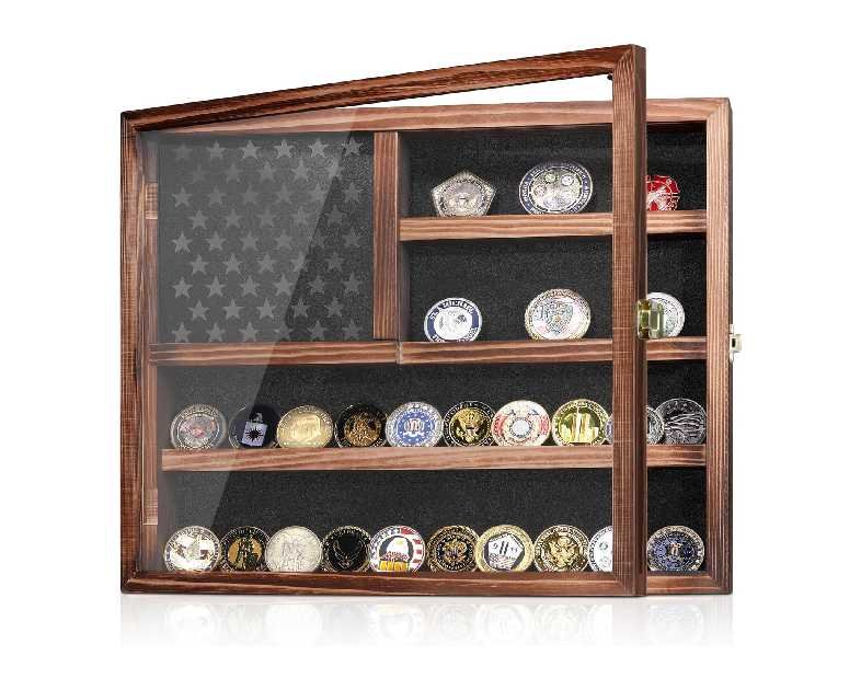 Challenge Coin Display Case, Lockable Military Coin Holder Cabinet with Removable Star Board & HD Tempered Glass Door, Solid Wood Wall Mount Coins Collection Rack Stand