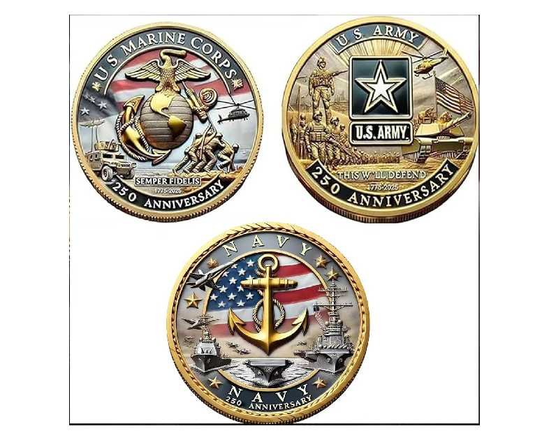 250th Anniversary Army Navy Marine Corps Challenge Coin Set – 3-Piece 1.57" Gold-Tone Double-Sided Commemorative Coins – Military Collector Gift for Veterans & Patriots